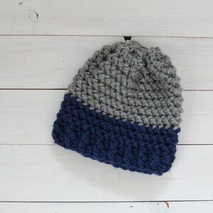 Toddler Colour Block Crochet Hat Removable Pompom | Grey and Blue Winter Toque